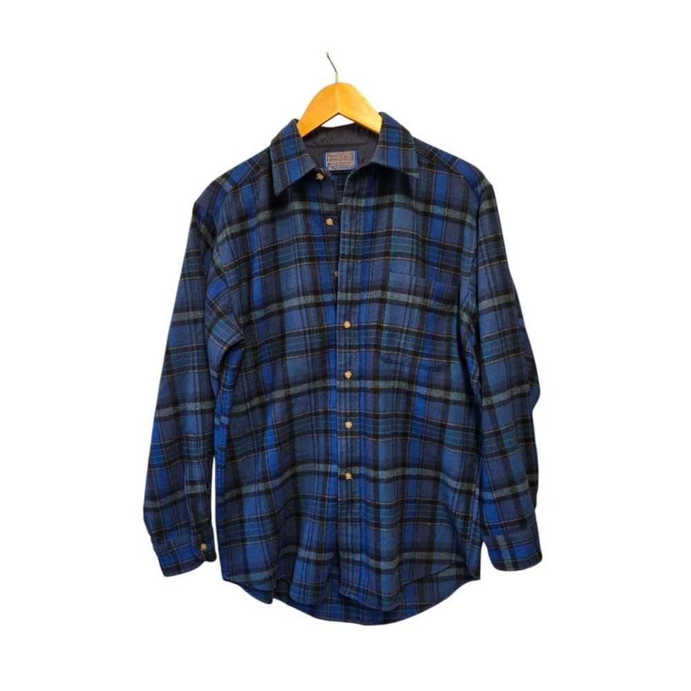 Vintage PENDLETON Board‎ Shirt Blue Plaid Wool Button Up Vintage USA Made MEDIUM